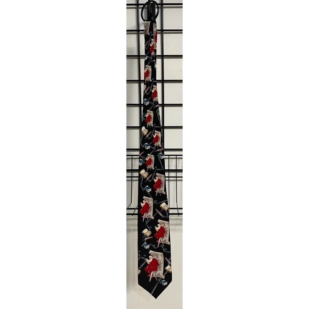 Saturday Evening Post Silk Tie Black Red Santa Making a List 3.75 in x 60 in - Picture 3 of 5